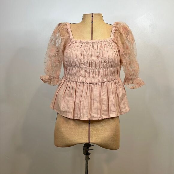NWT Umgee Pastel Pink Rushed Bodice Sheer Floral Sleeve Blouse - Size Small - Picture 1 of 13